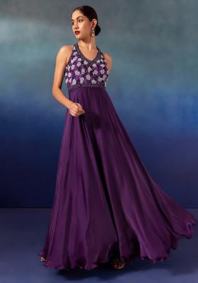 Plum Purple Premium Silk Satin Floral Embroidered Gown with Dupatta – Wedding & Festive Wear main image 0