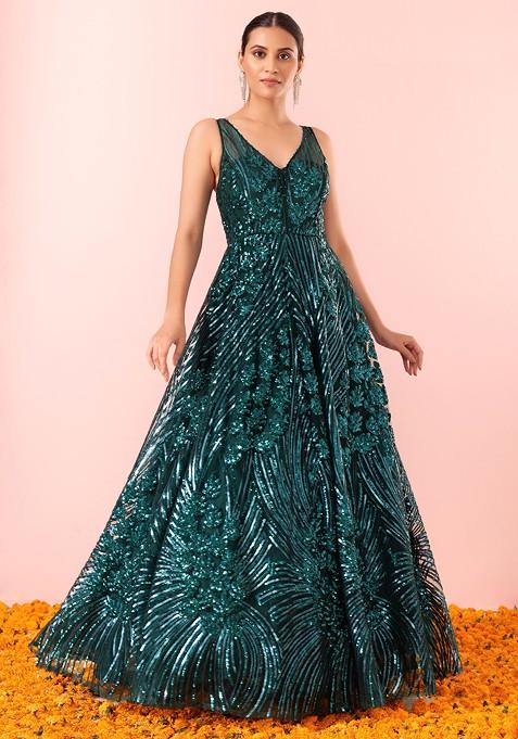Teal Green Abstract Sequin Embroidered Gown
