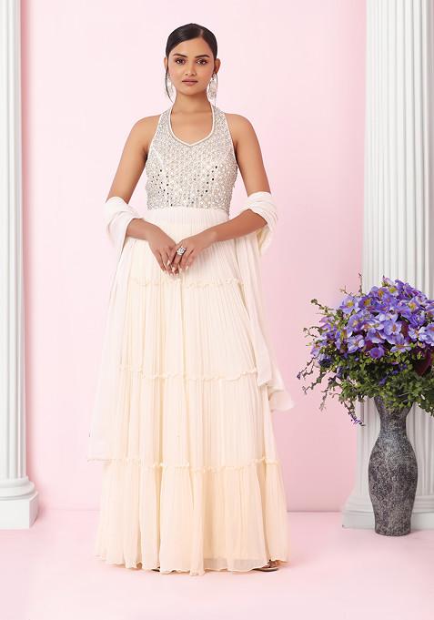 Ivory Mirror Embellished Halter Neck Anarkali Kurta With Dupatta