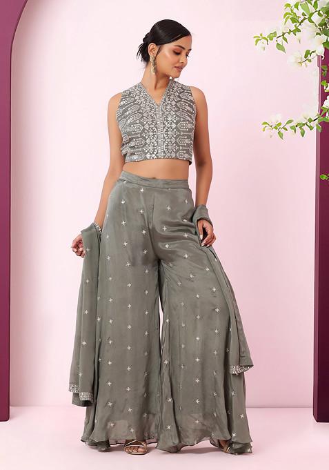 Moss Green Palazzo Set With Floral Zari Embroidered Blouse And Dupatta