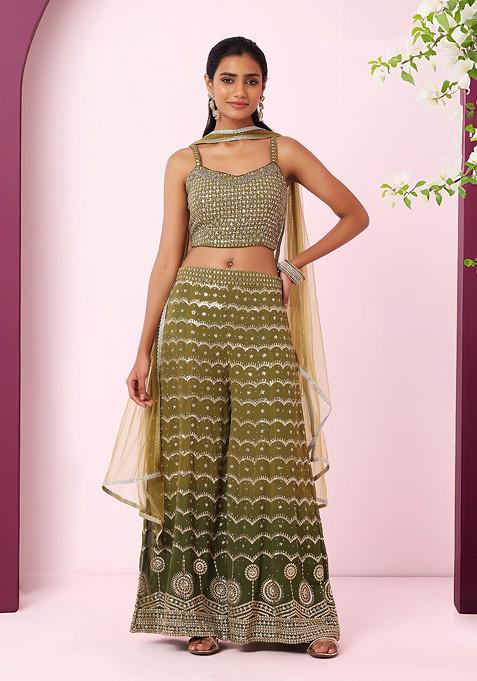 Fern Green Chevron Sequin Embroidered Sharara Set With Embroidered Blouse And Dupatta