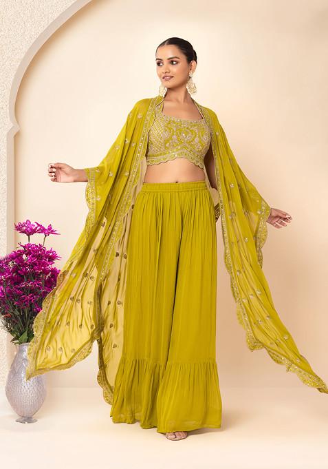 Green Palazzo Set With Zari Thread Embroidered Blouse And Dupatta