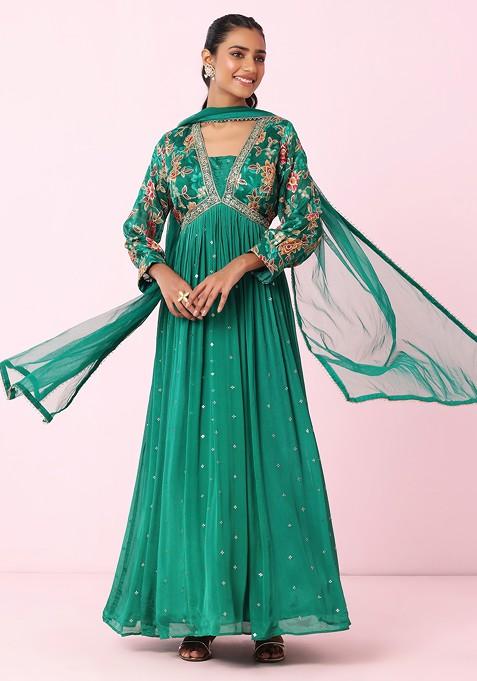 Forest Green Floral Print Embroidered Anarkali Kurta With Dupatta