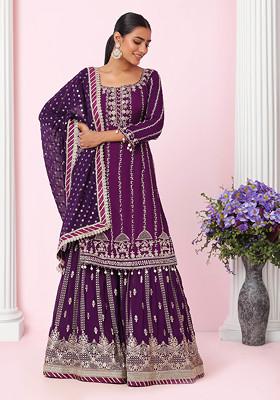 Purple Embroidered Stylish Kurti And Sharara Pair With Dupatta