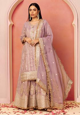 Women Lavender Embroidered Straight Kurta Trousers With Dupatta Set