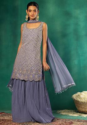 Metallic Purple Pleated Kurta with Sharara and Ruffled Dupatta