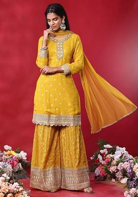 Women Poly Silk Jacquard Mustard Solid Kurta Sharara Dupatta main image 0