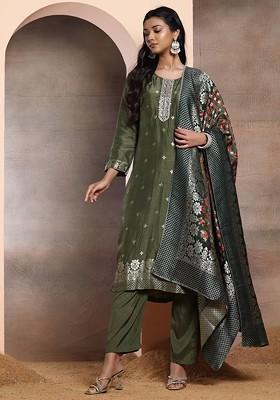 Green Zari Embroidered Viscose Kurta Pant And Dupatta Set With Tassels On Dupatta