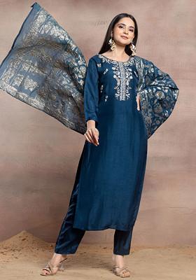 Girls Blue Floral Kurta With Pants & Dupatta