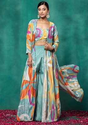 Buy Women Sea Green Sharara Set With Floral Print Embellished Blouse ...