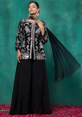 Women's Black Floral Printed Sequinned Kurta Set with Palazzos