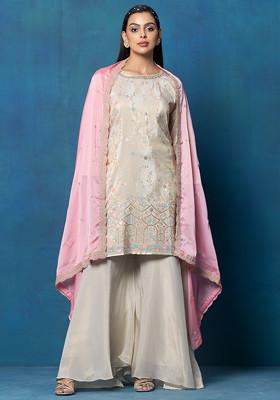 Indigo & Powder Blue Zari Kurta Sharara Set with Scalloped Organza Dupatta