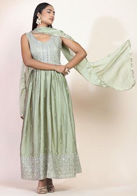 Ishin Women's Viscose Rayon Green Embroidered Anarkali Kurta Trouser Dupatta Set main image 1