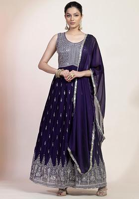 Purple - Lace Work Fine Tissue Zari Plain Anarkali Kurta Set 05