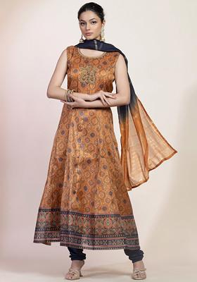 Women's Floral Printed Mustard Anarkali Kurta Set with Dupatta