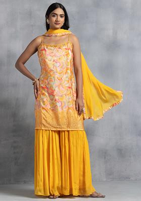 Yellow Printed Kurta with Lahariya Sharara and Ruffled Dupatta Set