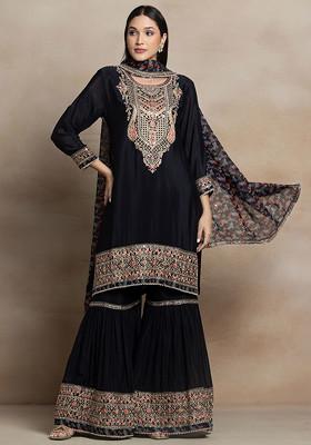 Black Sharara Set with Meenakari Details & Organza Scallop Dupatta