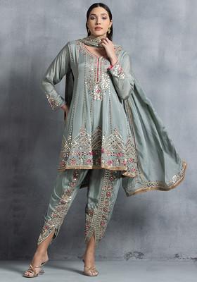 Floral Gota Patti Embroidered Kurta With Striped Pallazo and Dupatta