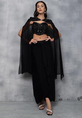 Buy Women Black Embellished Cape Set With Sequin Cutdana Embellished ...