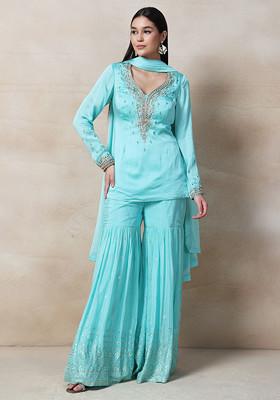 Teal Blue Sequence,Mirror Embroidery Kurta Sharara Set & Net Dupatta