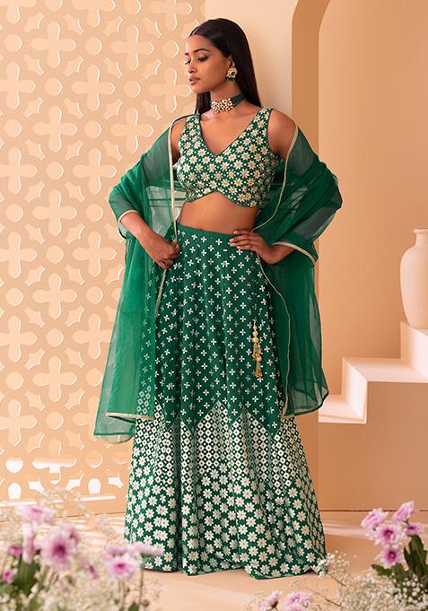 Forest Green Foil Print Lehenga Set With Zari Embroidered Blouse And Organza Dupatta