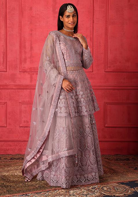 Light Pink Embroidered Lehenga Set With Short Peplum Kurta And Dupatta 