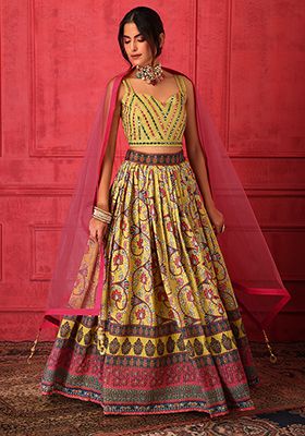 Buy Women Yellow Floral Print Lehenga Set With Embroidered Blouse And ...