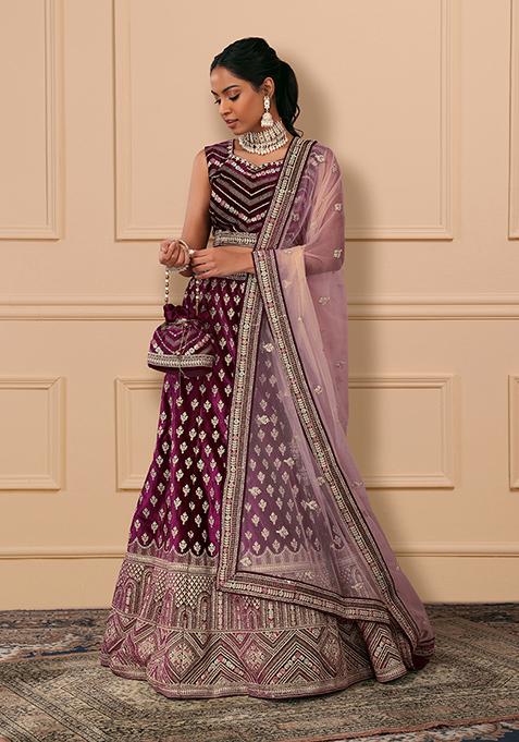 Wine Dori And Thread Embroidered Lehenga Set With Blouse Dupatta And Potli 
