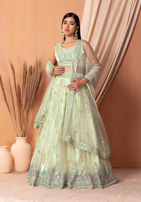 Pastel Green Zari Embroidered Lehenga Set With Blouse And Dupatta