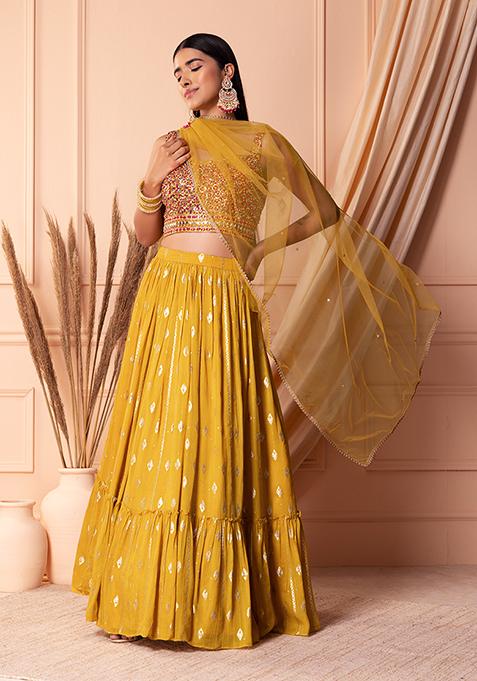 Yellow Jacquard Tiered Lehenga Set With Embroidered Blouse And Dupatta