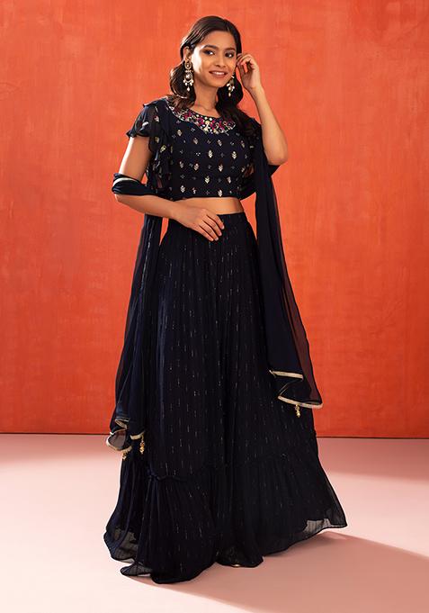 Dark Purple Embroidered Tiered Lehenga Set With Blouse And Dupatta