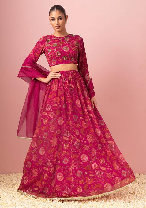 Berry Pink Floral Print Lehenga Set With Blouse And Organza Dupatta