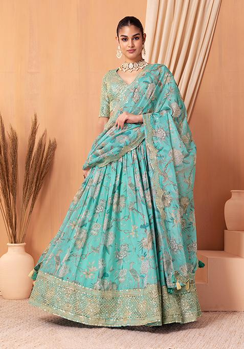 Aqua Green Floral Print Lehenga Set With Embroidered Blouse And Dupatta