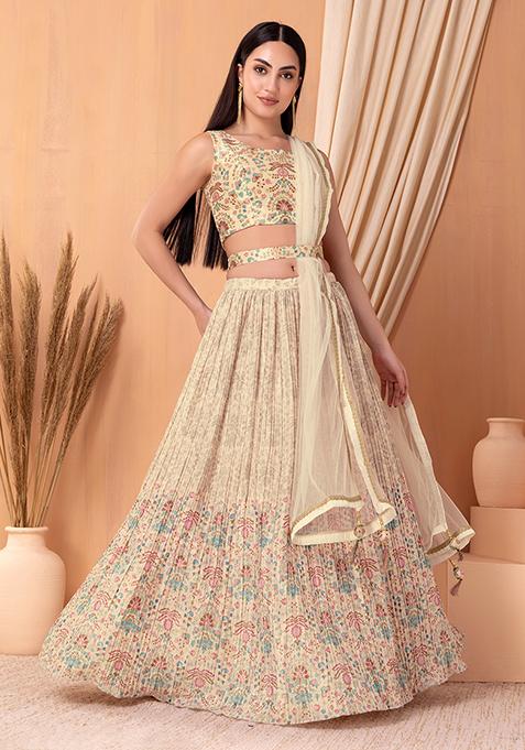 Beige Floral Print Lehenga And Blouse Set With Dupatta And Belt