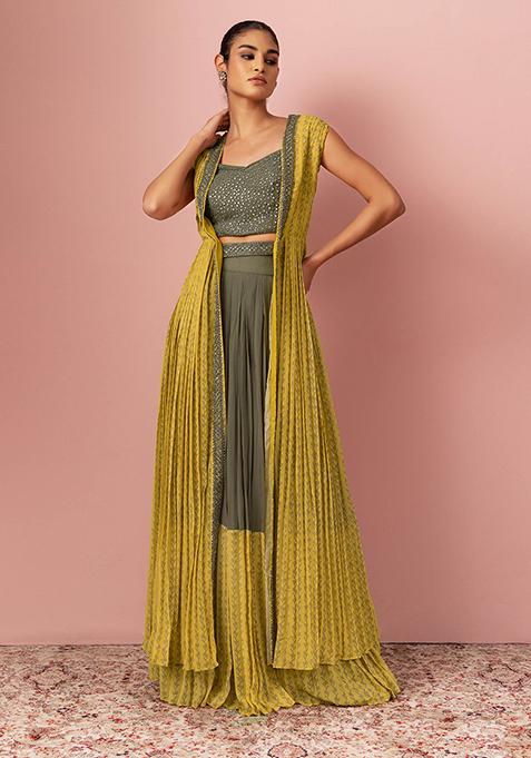 Yellow Tiered Lehenga Set With Embroidered Blouse And Jacket