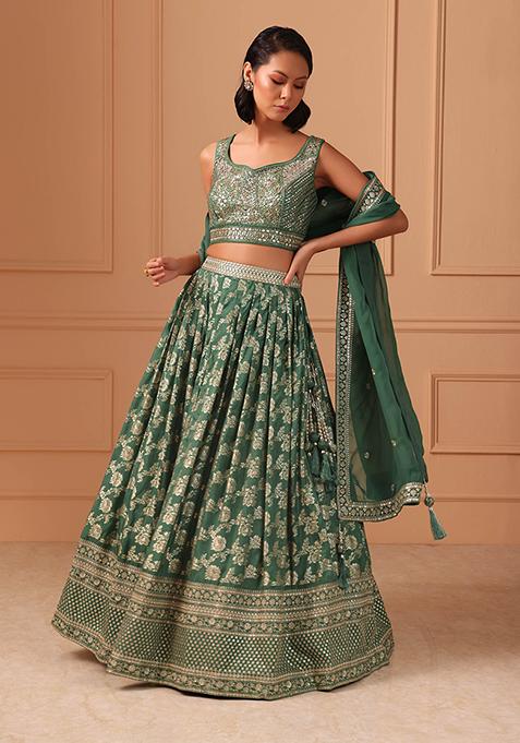 Moss Green Silk Lehenga Set With Embroidered Blouse And Dupatta
