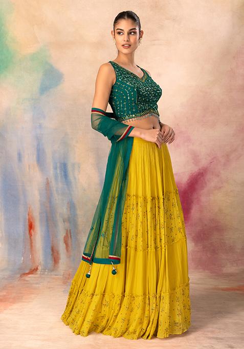 Yellow Floral Print Lehenga Set With Contrast Blouse And Dupatta