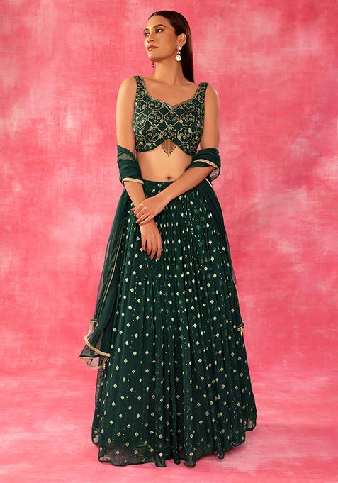 Dark Green Jacquard Lehenga Set With Embroidered Blouse And Dupatta