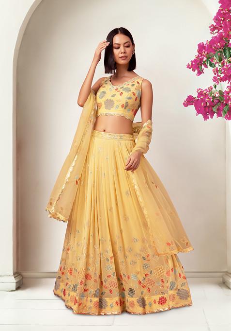 Yellow Sequin Thread Embroidered Lehenga Set With Blouse And Dupatta