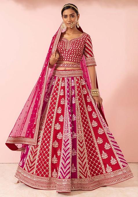 Red And Pink Sequin Embroidered Bridal Lehenga And Blouse Set With Dupatta And Belt