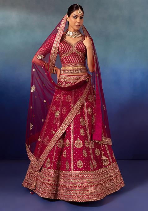 Red Floral Sequin Embroidered Bridal Lehenga And Blouse Set With Dupatta And Belt