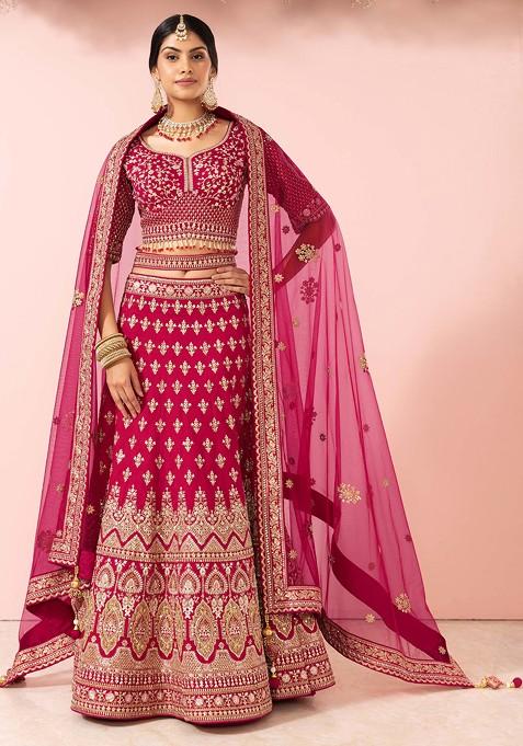 Red Sequin Embroidered Bridal Lehenga And Blouse Set With Dupatta And Belt