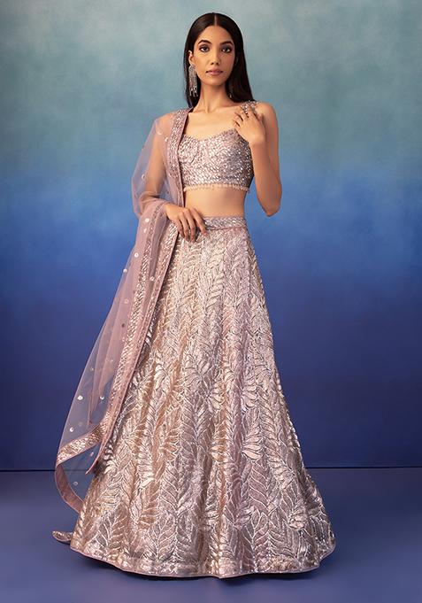 Dull Pink Sequin Leaf Embroidered Lehenga Set With Embroidered Blouse And Dupatta