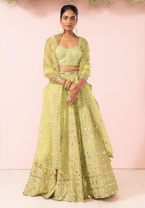 Lime Green Floral Mirror Embroidered Lehenga Set With Blouse And Dupatta
