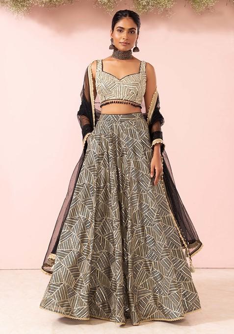 Black Zari Embroidered Lehenga Set With Abstract Embroidered Blouse And Dupatta