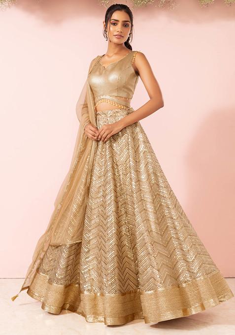 Gold Sequin Embroidered Lehenga Set With Embroidered Blouse And Dupatta
