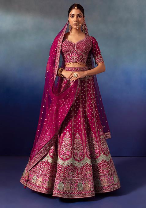 Berry Pink Sequin Thread Embroidered Bridal Lehenga And Blouse Set With Dupatta And Belt