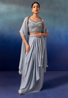 Pastel Blue Pleated Cowl Lehenga Set With Embroidered Blouse And Dupatta