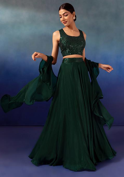 Deep Green Lehenga Set With Sequin Embellished Blouse And Ruffled Dupatta
