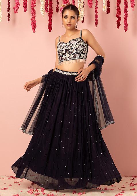 Purple Lehenga Set With Floral Embellished Blouse And Mesh Dupatta